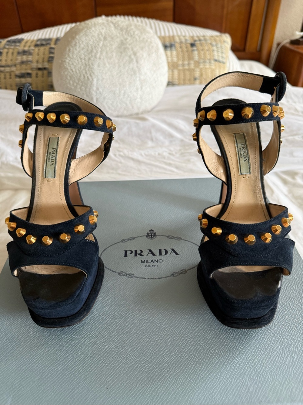 Prada Navy blue Suede Gold-Stud Platform Heels